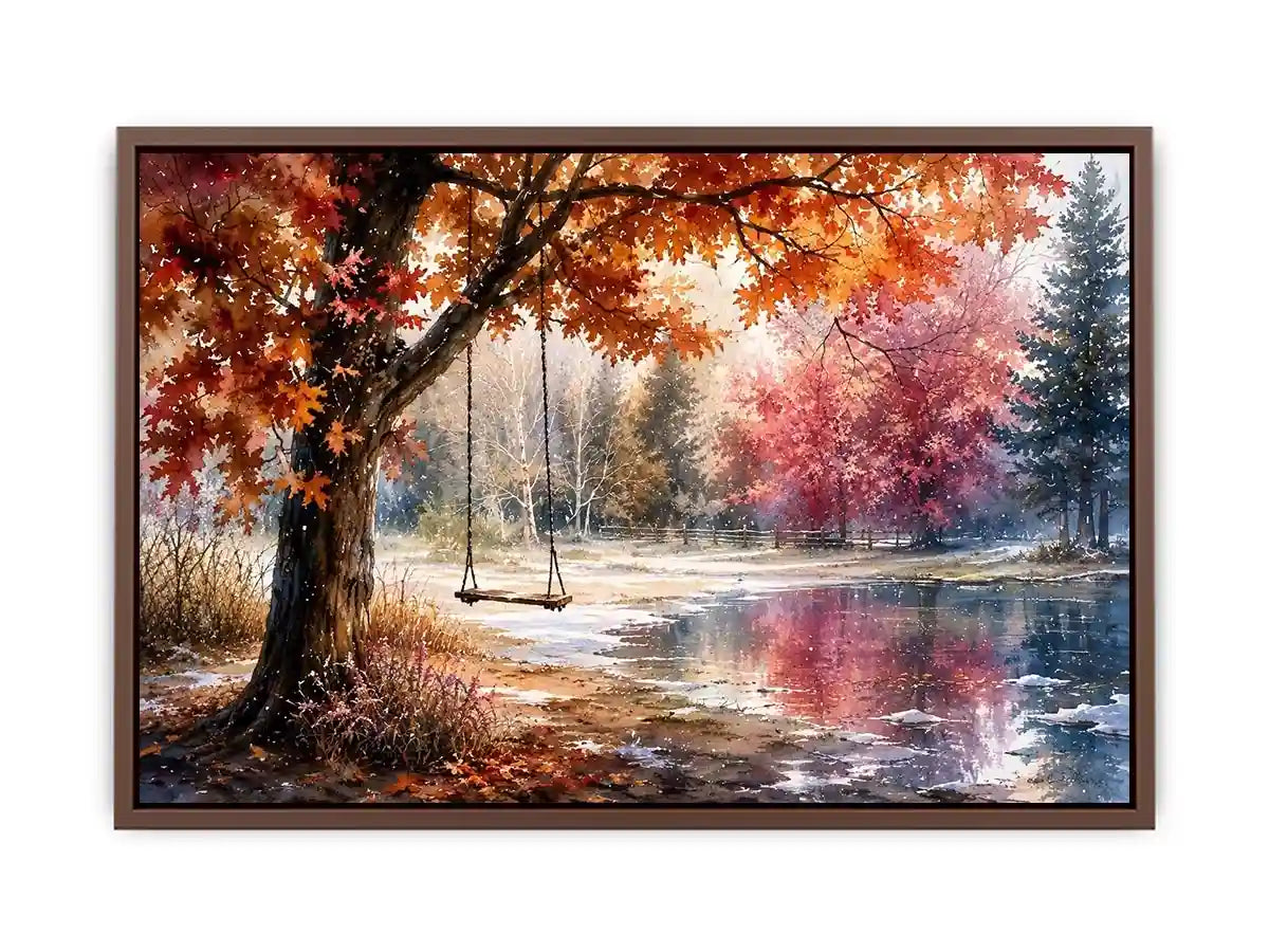 Watercolor autumn landscape with lakeside swing for warm living room decor.