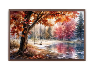 Watercolor autumn landscape with lakeside swing for warm living room decor.