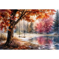 Watercolor autumn landscape with lakeside swing for warm living room decor.