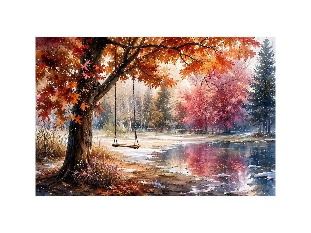 Watercolor autumn landscape with lakeside swing for warm living room decor.