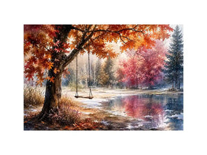 Watercolor autumn landscape with lakeside swing for warm living room decor.