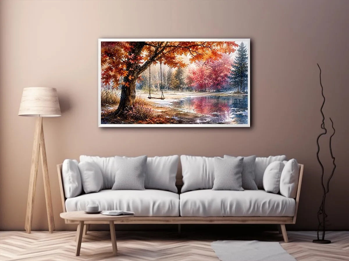 Watercolor autumn landscape with lakeside swing for warm living room decor.