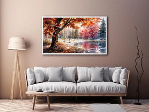 Watercolor autumn landscape with lakeside swing for warm living room decor.