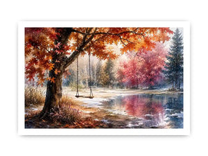 Watercolor autumn landscape with lakeside swing for warm living room decor.