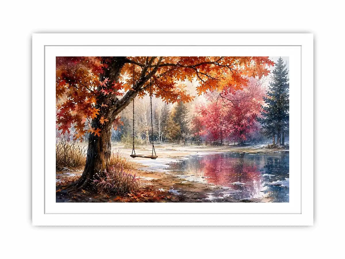 Watercolor autumn landscape with lakeside swing for warm living room decor.