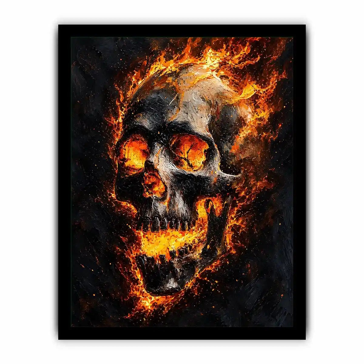 Fiery skull artwork with glowing flames for dramatic office or mancave decor.