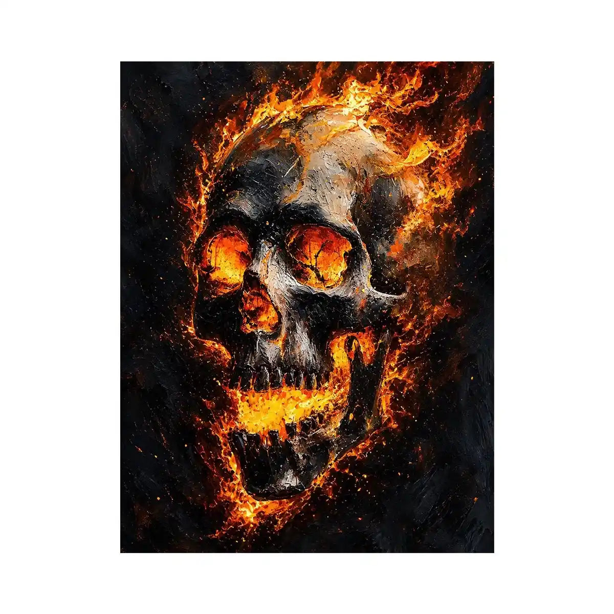 Fiery skull artwork with glowing flames for dramatic office or mancave decor.