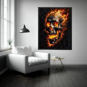 Fiery skull artwork with glowing flames for dramatic office or mancave decor.