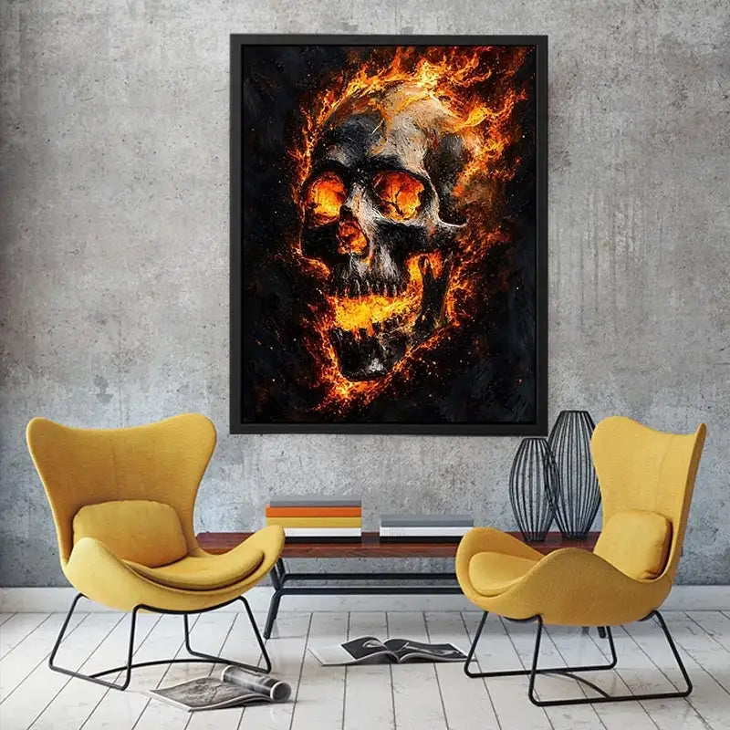 Fiery skull artwork with glowing flames for dramatic office or mancave decor.