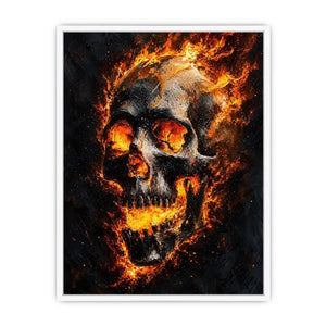 Fiery skull artwork with glowing flames for dramatic office or mancave decor.