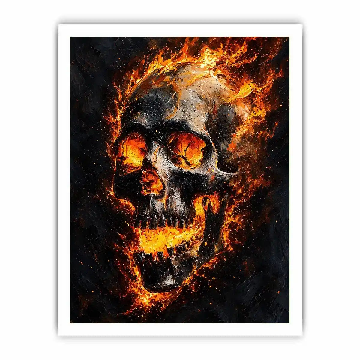 Fiery skull artwork with glowing flames for dramatic office or mancave decor.