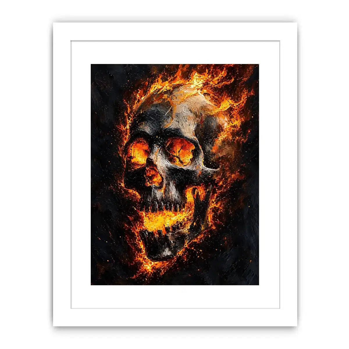 Fiery skull artwork with glowing flames for dramatic office or mancave decor.