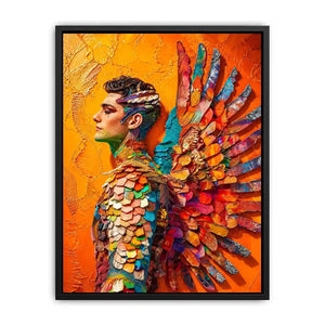Colorful winged portrait abstract wall art with vibrant feathers and bold modern luxury canvas design