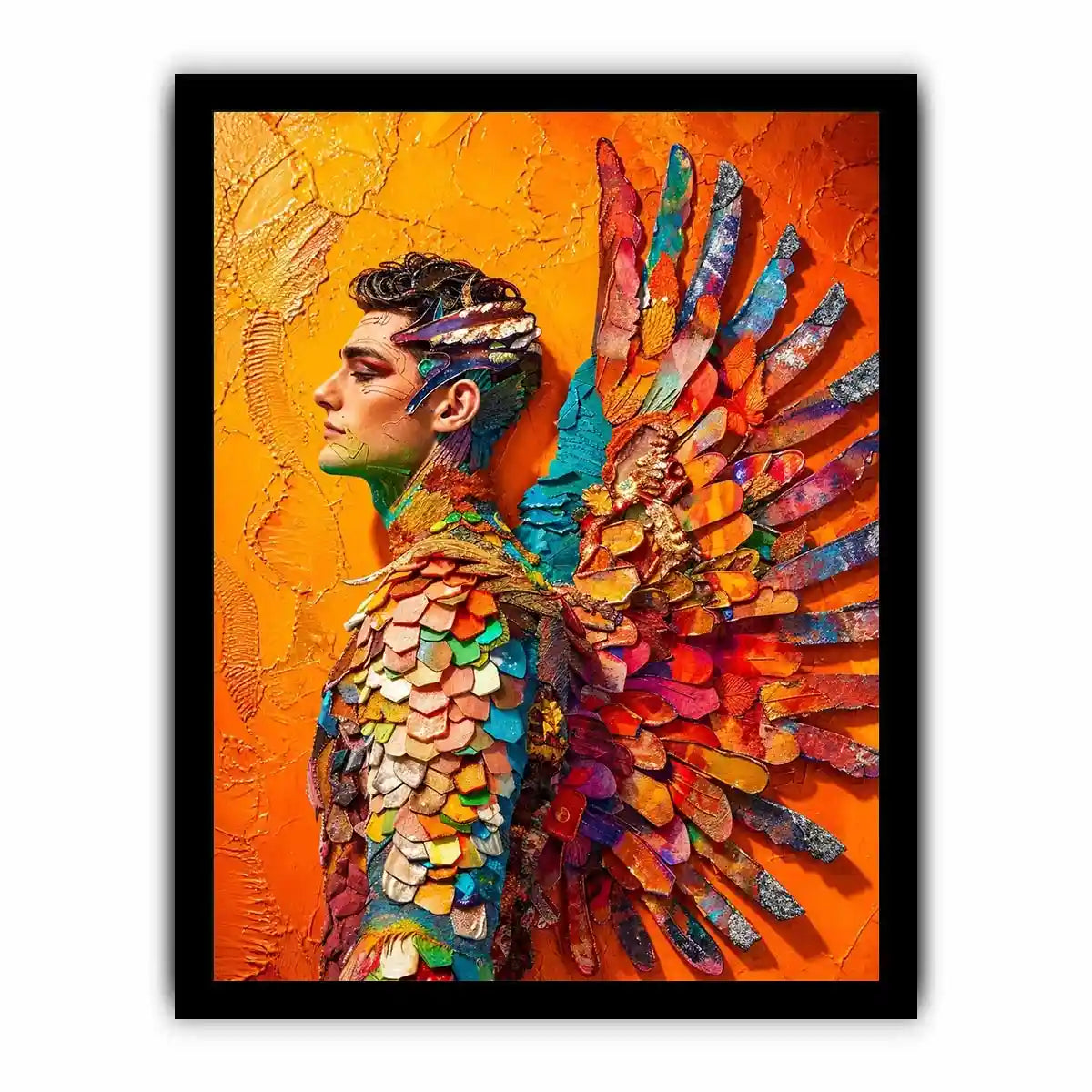 Colorful winged portrait abstract wall art with vibrant feathers and bold modern luxury canvas design