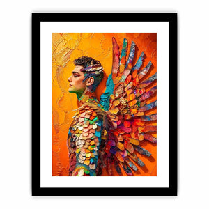 Colorful winged portrait abstract wall art with vibrant feathers and bold modern luxury canvas design