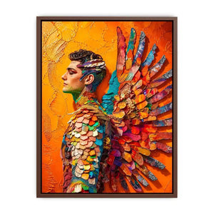 Colorful winged portrait abstract wall art with vibrant feathers and bold modern luxury canvas design
