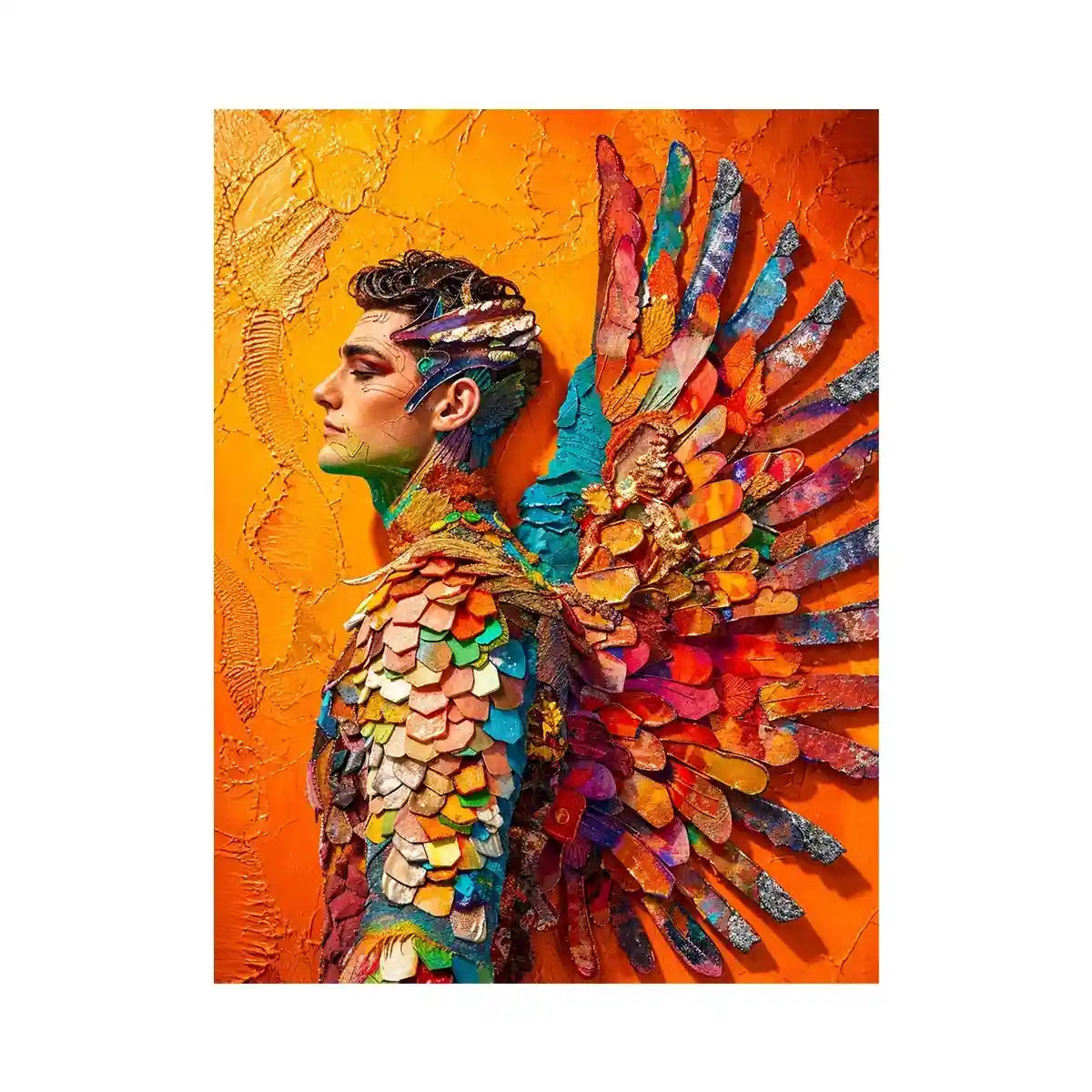 Colorful winged portrait abstract wall art with vibrant feathers and bold modern luxury canvas design