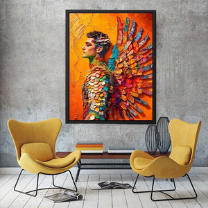 Colorful winged portrait abstract wall art with vibrant feathers and bold modern luxury canvas design