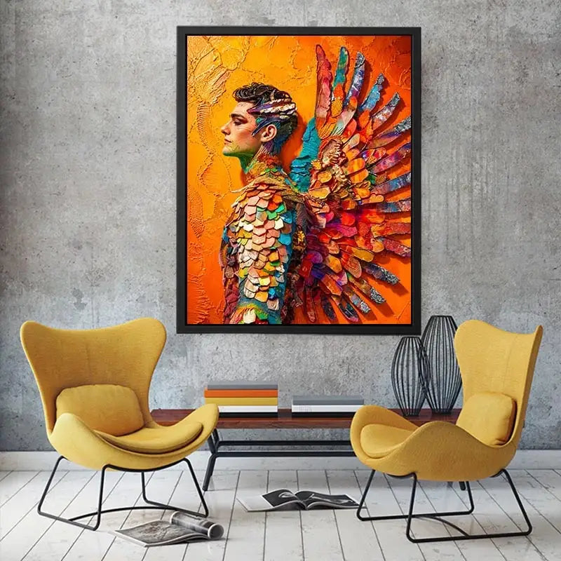 Colorful winged portrait abstract wall art with vibrant feathers and bold modern luxury canvas design