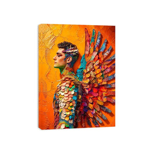 Colorful winged portrait abstract wall art with vibrant feathers and bold modern luxury canvas design