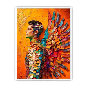 Colorful winged portrait abstract wall art with vibrant feathers and bold modern luxury canvas design