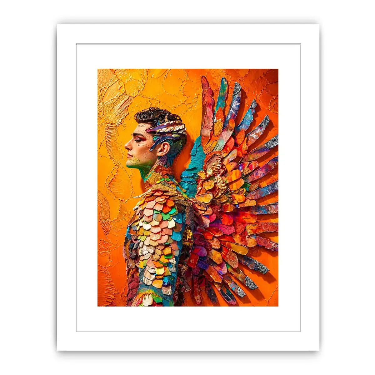 Colorful winged portrait abstract wall art with vibrant feathers and bold modern luxury canvas design