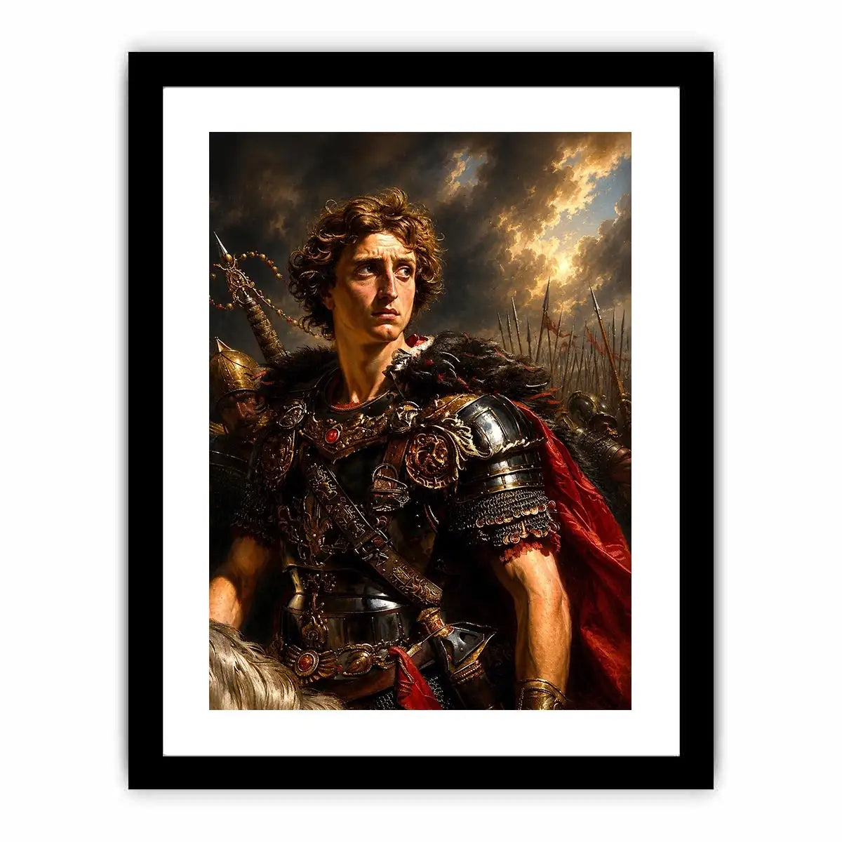Roman warrior portrait with rich armor details for sophisticated office decor.