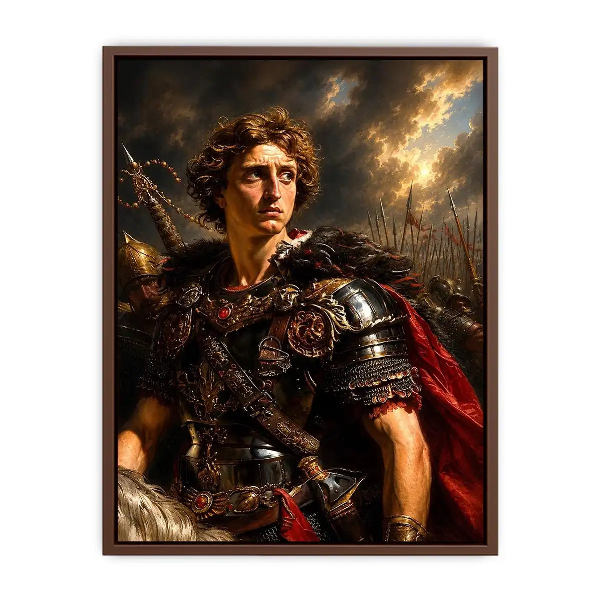 Roman warrior portrait with rich armor details for sophisticated office decor.