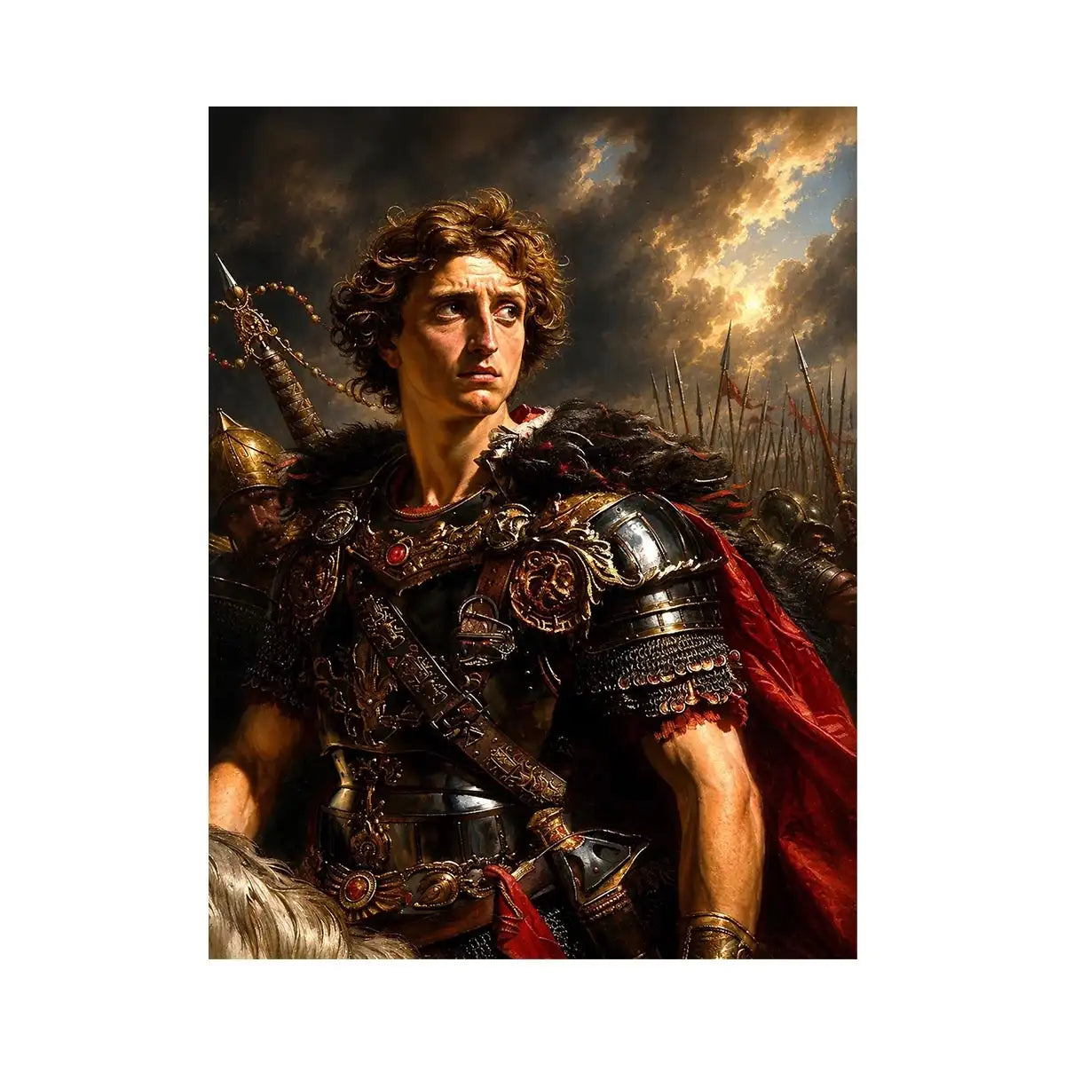 Roman warrior portrait with rich armor details for sophisticated office decor.