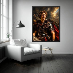 Roman warrior portrait with rich armor details for sophisticated office decor.