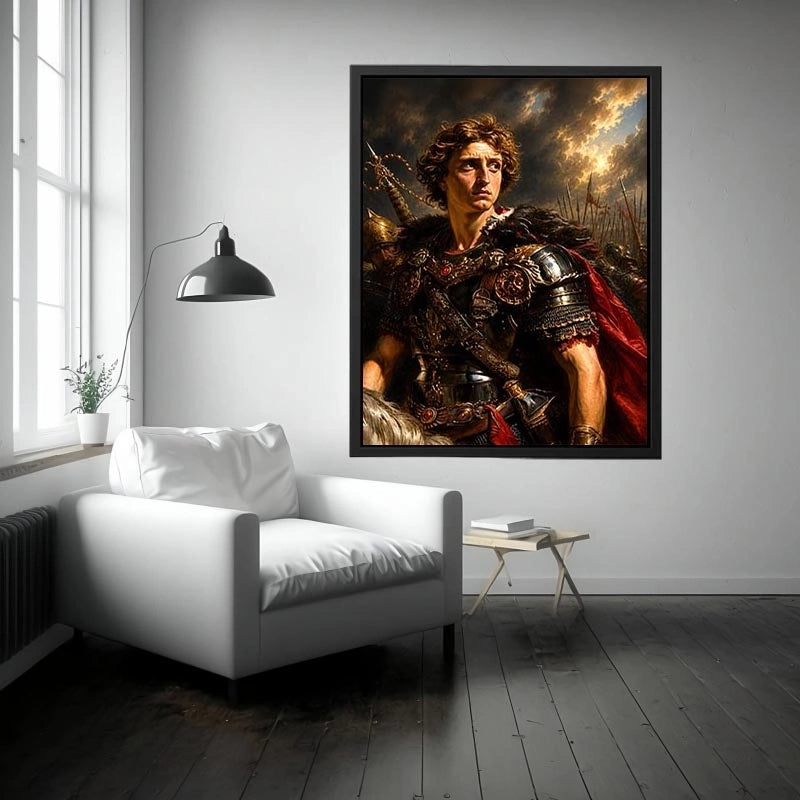 Roman warrior portrait with rich armor details for sophisticated office decor.