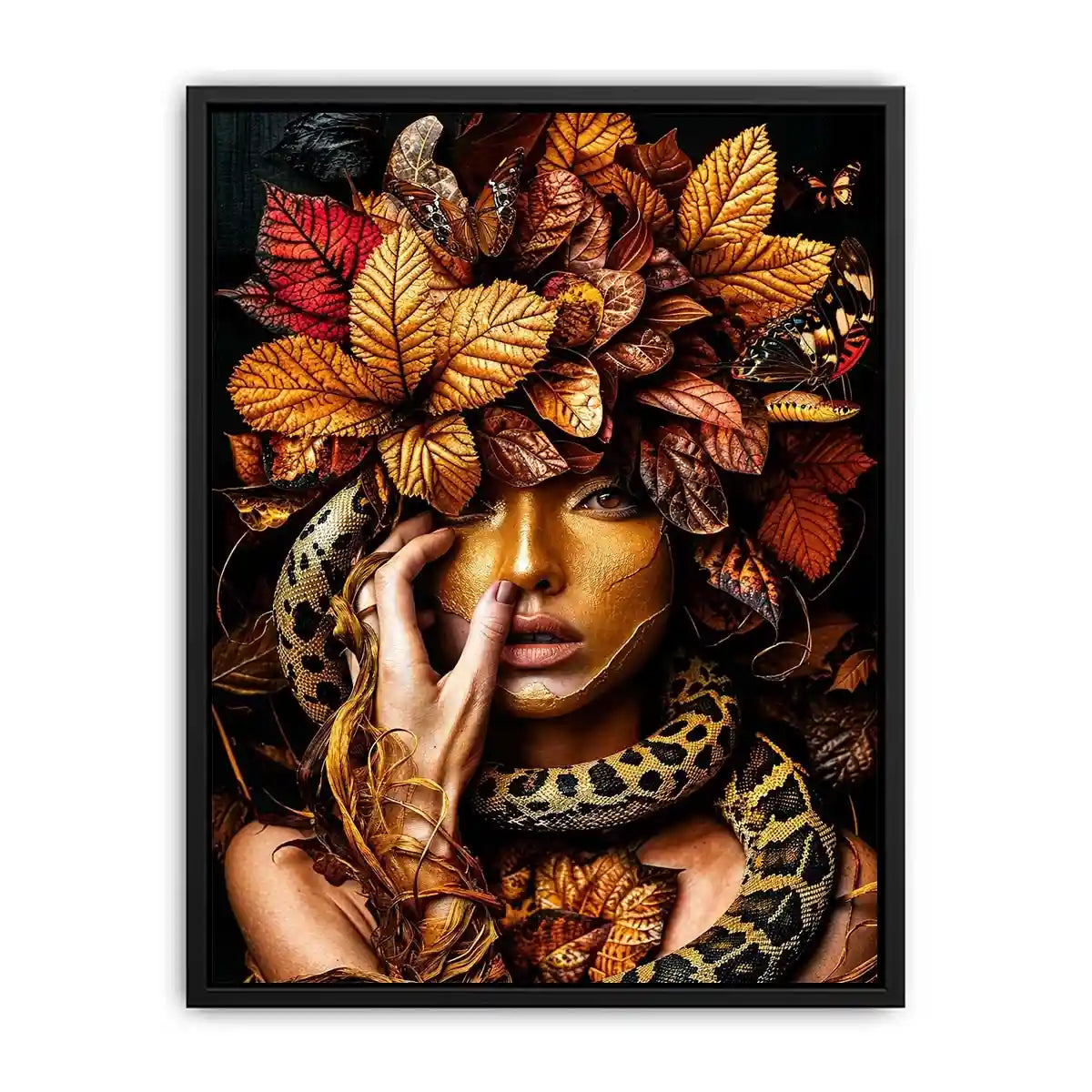 Golden portrait with serpent and autumn leaves for luxury bedroom decor.