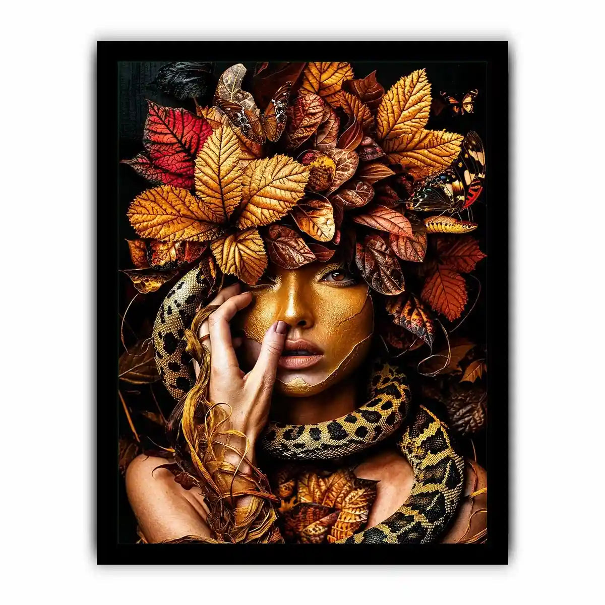 Golden portrait with serpent and autumn leaves for luxury bedroom decor.