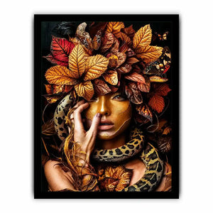 Golden portrait with serpent and autumn leaves for luxury bedroom decor.