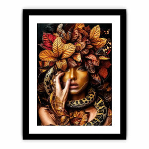 Golden portrait with serpent and autumn leaves for luxury bedroom decor.