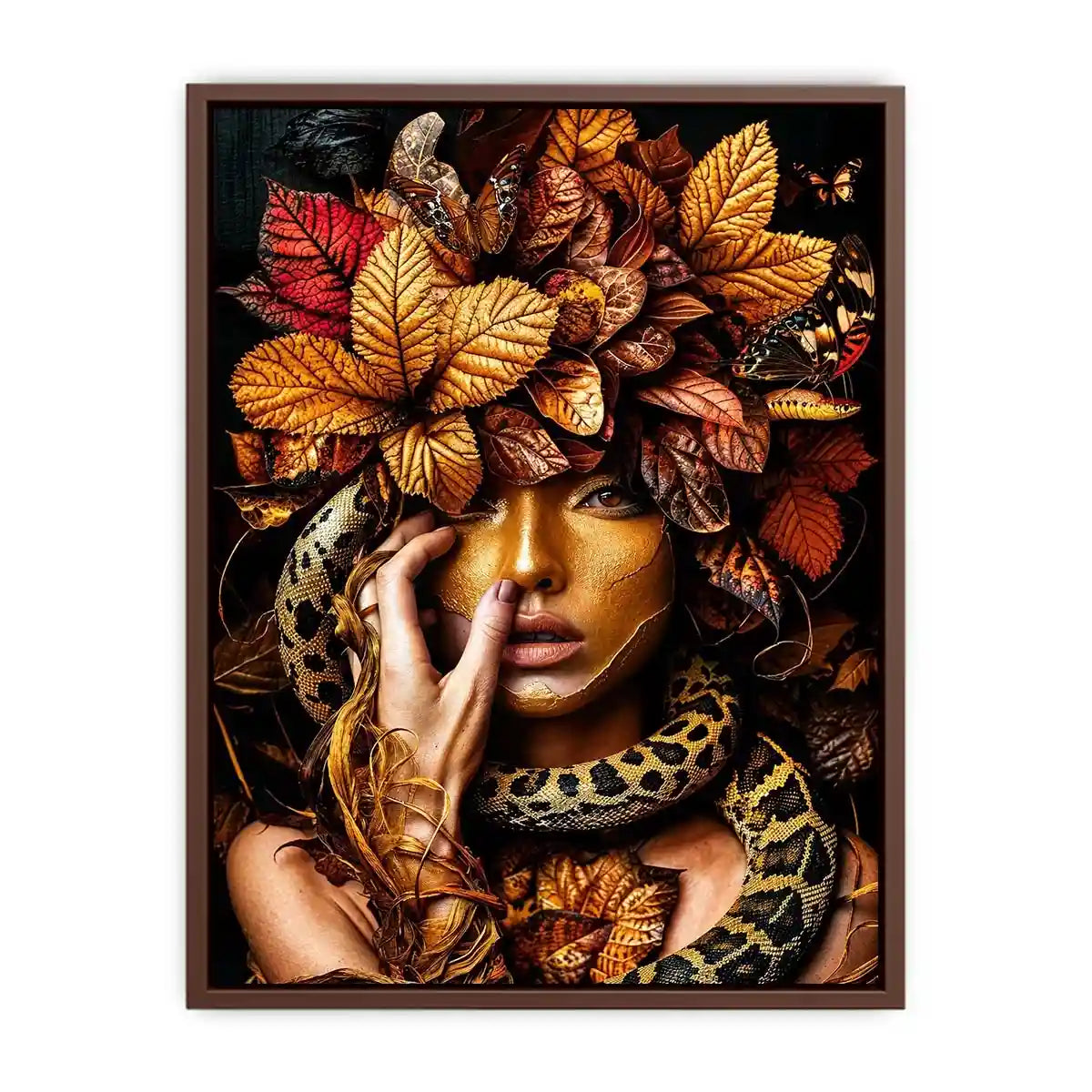 Golden portrait with serpent and autumn leaves for luxury bedroom decor.