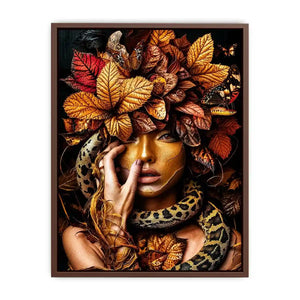 Golden portrait with serpent and autumn leaves for luxury bedroom decor.