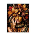 Golden portrait with serpent and autumn leaves for luxury bedroom decor.