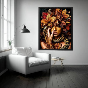 Golden portrait with serpent and autumn leaves for luxury bedroom decor.