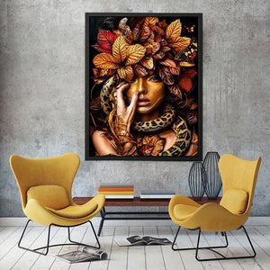 Golden portrait with serpent and autumn leaves for luxury bedroom decor.