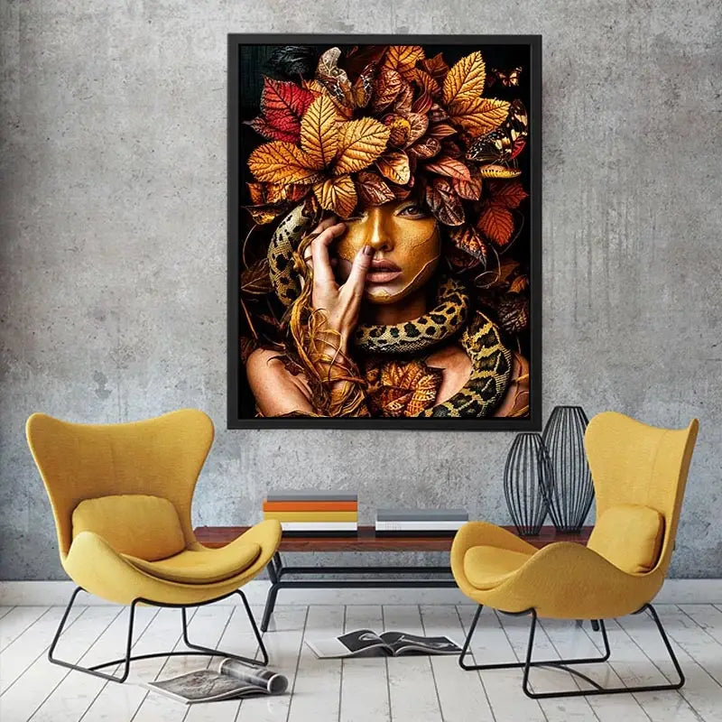 Golden portrait with serpent and autumn leaves for luxury bedroom decor.