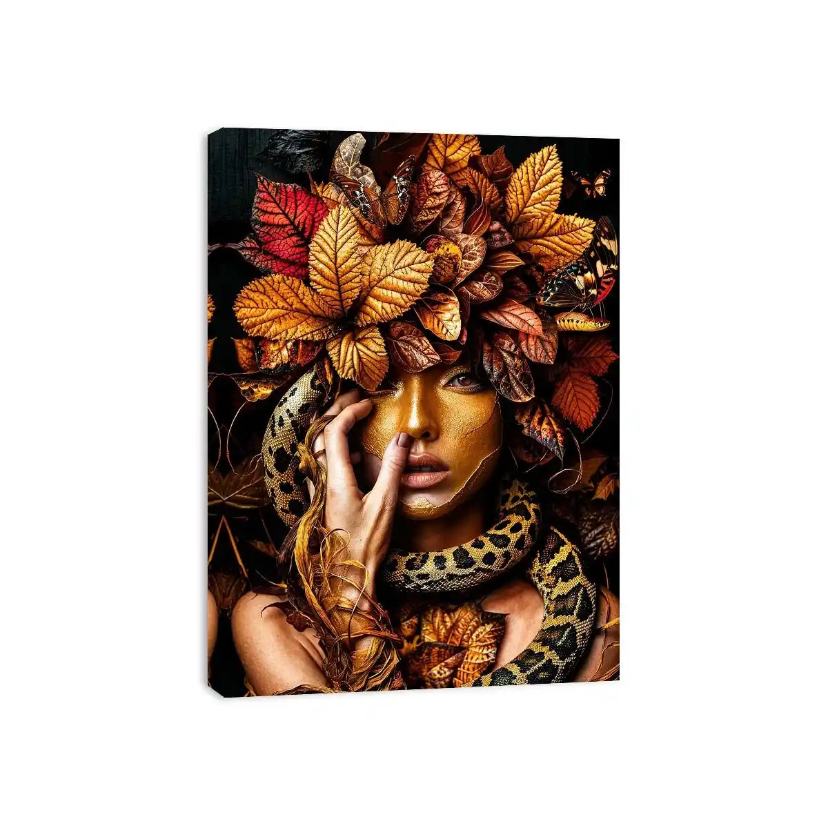 Golden portrait with serpent and autumn leaves for luxury bedroom decor.
