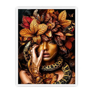 Golden portrait with serpent and autumn leaves for luxury bedroom decor.