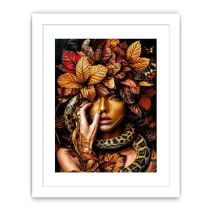 Golden portrait with serpent and autumn leaves for luxury bedroom decor.