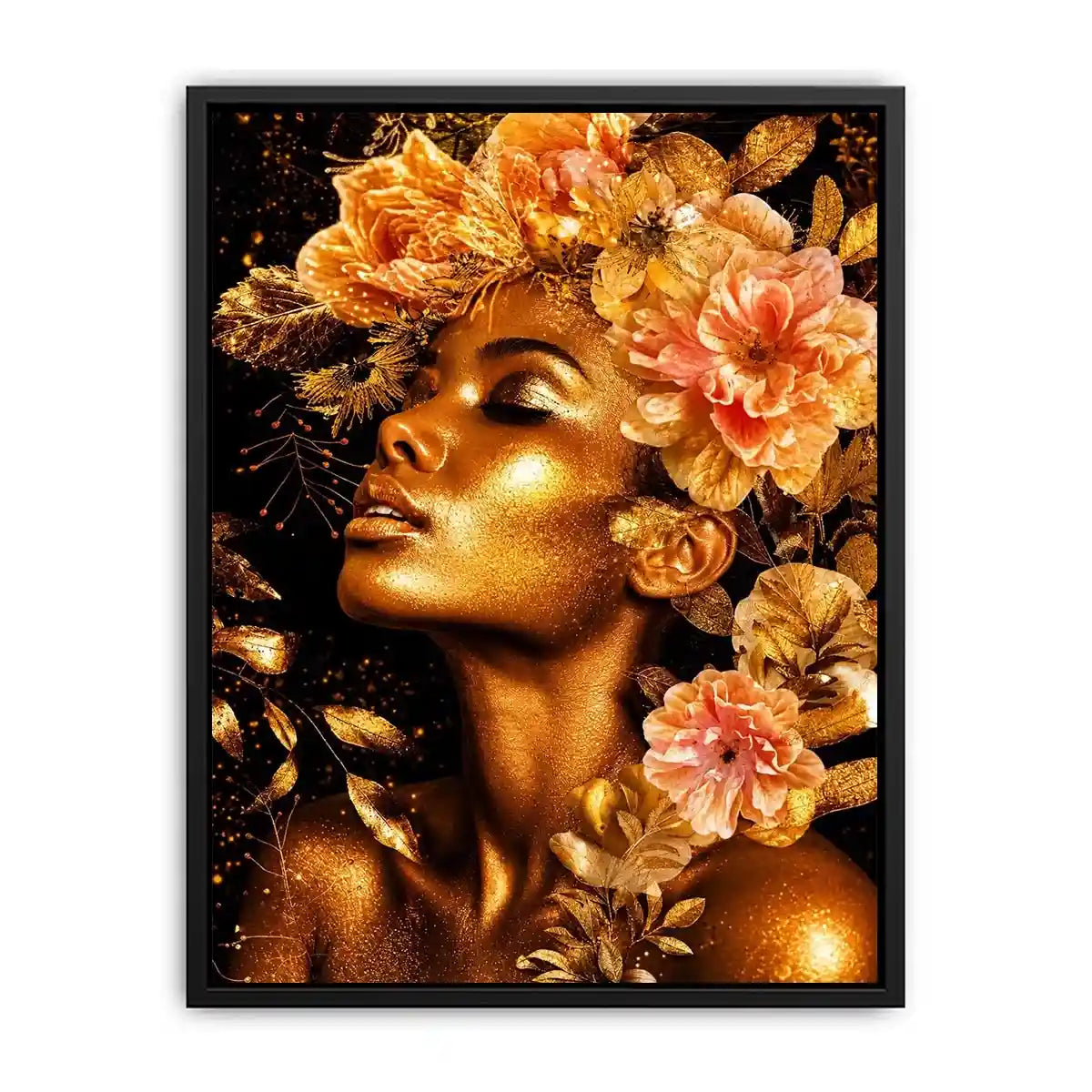 Golden floral portrait canvas print for elegant bedroom and hallway decor.