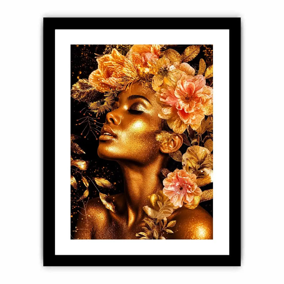 Golden floral portrait canvas print for elegant bedroom and hallway decor.