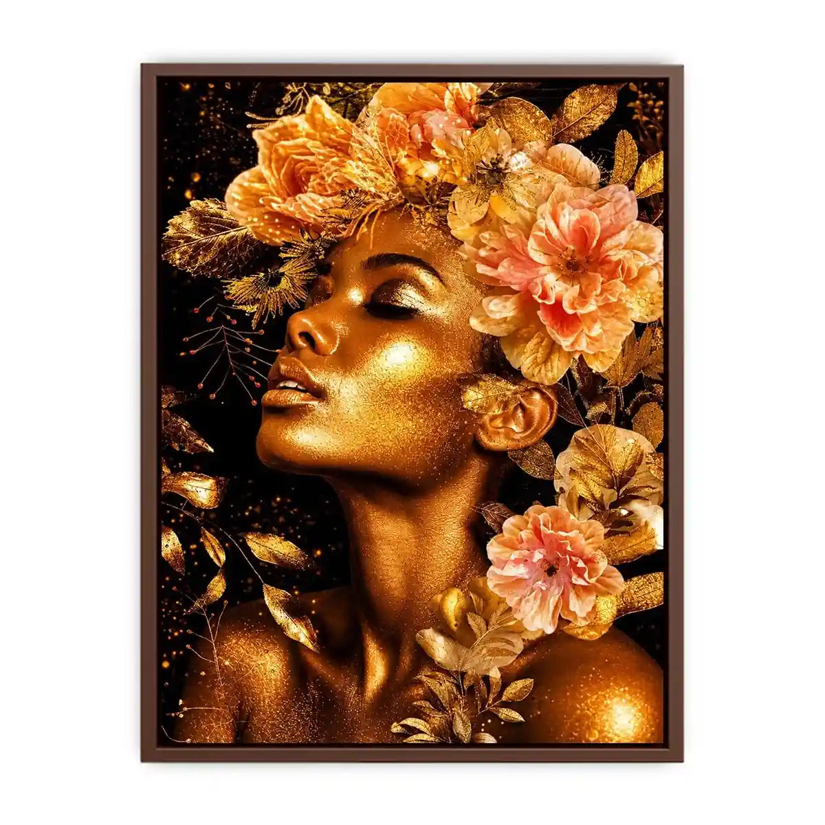 Golden floral portrait canvas print for elegant bedroom and hallway decor.