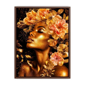 Golden floral portrait canvas print for elegant bedroom and hallway decor.