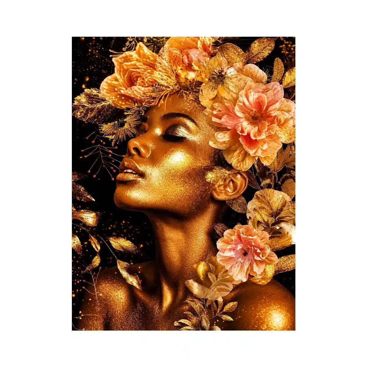 Golden floral portrait canvas print for elegant bedroom and hallway decor.