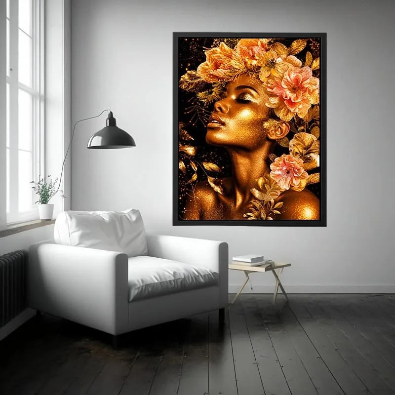Golden floral portrait canvas print for elegant bedroom and hallway decor.